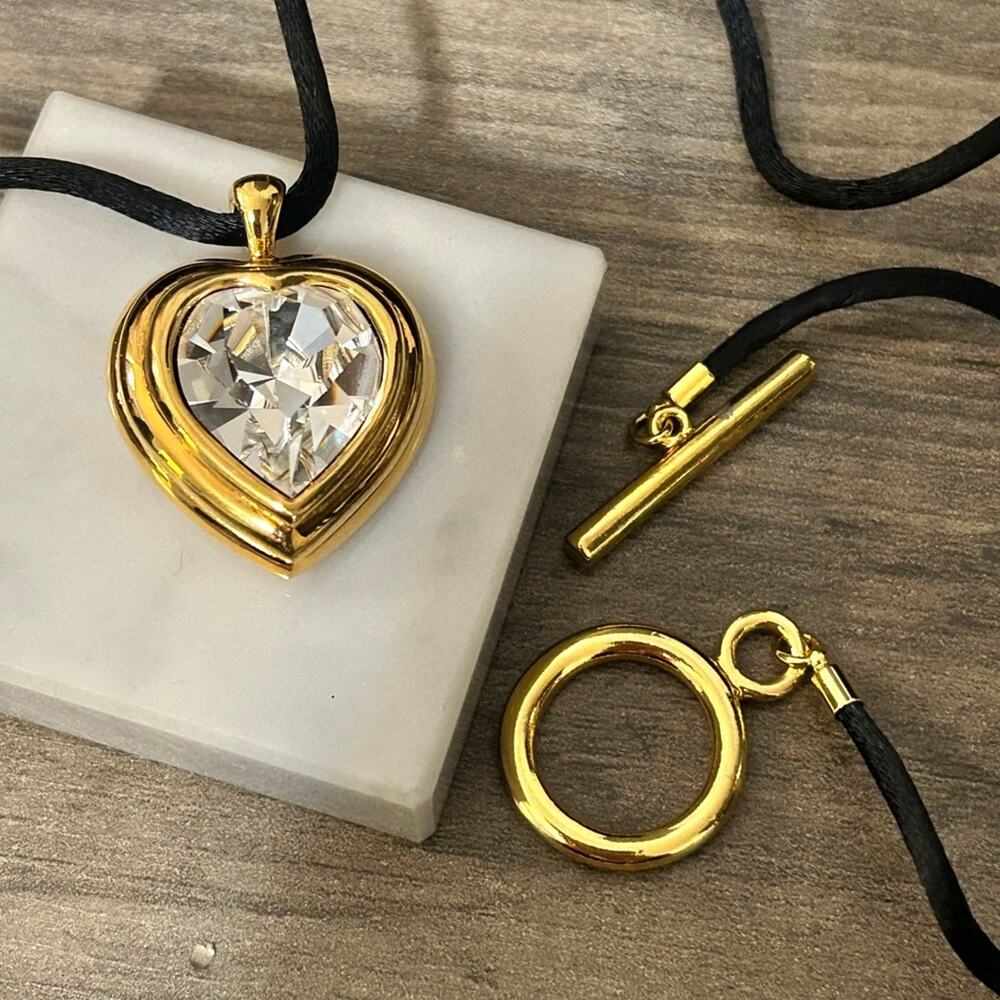 Rare Escada Modern Gold Plated Heart Crystal Pendant Necklace Black Cord #G016